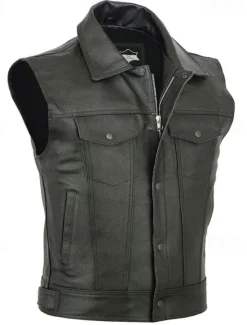 New OUKU Men's Vest Gilet Daily Vacation Fashion Business Spring & Fall Pocket Polyester Leather Comfortable Solid Color Zipper Lapel Regular Fit Vest Black