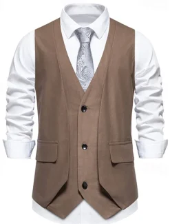 Hot OUKU Men's Vest Gilet Daily Wear Vacation Going out Vintage Fashion Spring & Fall Button Polyester Comfortable Plain Single Breasted V Neck Regular Fit Black Khaki Coffee Vest