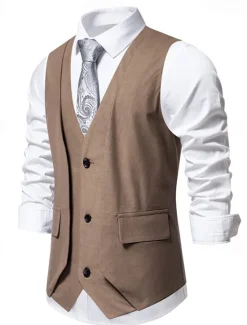 Hot OUKU Men's Vest Gilet Daily Wear Vacation Going out Vintage Fashion Spring & Fall Button Polyester Comfortable Plain Single Breasted V Neck Regular Fit Black Khaki Coffee Vest