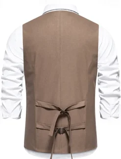 Hot OUKU Men's Vest Gilet Daily Wear Vacation Going out Vintage Fashion Spring & Fall Button Polyester Comfortable Plain Single Breasted V Neck Regular Fit Black Khaki Coffee Vest