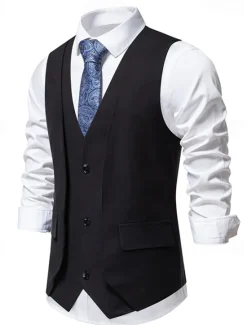 Hot OUKU Men's Vest Gilet Daily Wear Vacation Going out Vintage Fashion Spring & Fall Button Polyester Comfortable Plain Single Breasted V Neck Regular Fit Black Khaki Coffee Vest