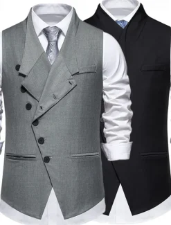 Sale OUKU Men's Vest Gilet Daily Wear Vacation Going out Vintage Fashion Spring & Fall Button Polyester Comfortable Plain Single Breasted V Neck Regular Fit Black Gray Vest