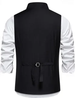 Sale OUKU Men's Vest Gilet Daily Wear Vacation Going out Vintage Fashion Spring & Fall Button Polyester Comfortable Plain Single Breasted V Neck Regular Fit Black Gray Vest