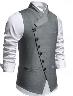Sale OUKU Men's Vest Gilet Daily Wear Vacation Going out Vintage Fashion Spring & Fall Button Polyester Comfortable Plain Single Breasted V Neck Regular Fit Black Gray Vest