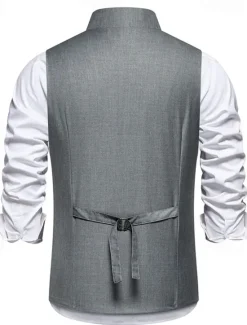 Sale OUKU Men's Vest Gilet Daily Wear Vacation Going out Vintage Fashion Spring & Fall Button Polyester Comfortable Plain Single Breasted V Neck Regular Fit Black Gray Vest