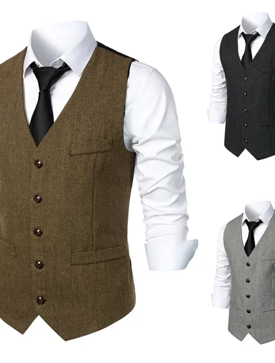 Sale OUKU Men's Vest Gilet Daily Wear Vacation Going out Vintage Fashion Spring & Fall Button Polyester Comfortable Plain Single Breasted V Neck Regular Fit Dark Gray Light Grey Coffee Vest