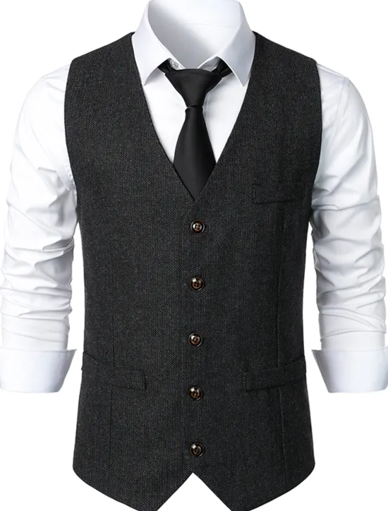 Sale OUKU Men's Vest Gilet Daily Wear Vacation Going out Vintage Fashion Spring & Fall Button Polyester Comfortable Plain Single Breasted V Neck Regular Fit Dark Gray Light Grey Coffee Vest