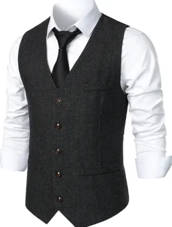 Sale OUKU Men's Vest Gilet Daily Wear Vacation Going out Vintage Fashion Spring & Fall Button Polyester Comfortable Plain Single Breasted V Neck Regular Fit Dark Gray Light Grey Coffee Vest