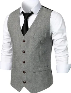 Sale OUKU Men's Vest Gilet Daily Wear Vacation Going out Vintage Fashion Spring & Fall Button Polyester Comfortable Plain Single Breasted V Neck Regular Fit Dark Gray Light Grey Coffee Vest