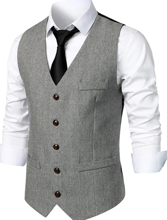 Sale OUKU Men's Vest Gilet Daily Wear Vacation Going out Vintage Fashion Spring & Fall Button Polyester Comfortable Plain Single Breasted V Neck Regular Fit Dark Gray Light Grey Coffee Vest