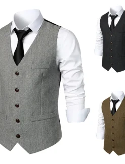 Sale OUKU Men's Vest Gilet Daily Wear Vacation Going out Vintage Fashion Spring & Fall Button Polyester Comfortable Plain Single Breasted V Neck Regular Fit Dark Gray Light Grey Coffee Vest