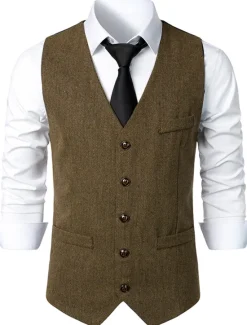 Sale OUKU Men's Vest Gilet Daily Wear Vacation Going out Vintage Fashion Spring & Fall Button Polyester Comfortable Plain Single Breasted V Neck Regular Fit Dark Gray Light Grey Coffee Vest