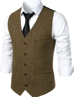 Sale OUKU Men's Vest Gilet Daily Wear Vacation Going out Vintage Fashion Spring & Fall Button Polyester Comfortable Plain Single Breasted V Neck Regular Fit Dark Gray Light Grey Coffee Vest