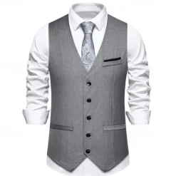 Discount OUKU Men's Vest Gilet Daily Wear Vacation Going out Vintage Fashion Spring & Fall Button Polyester Comfortable Plain Single Breasted V Neck Regular Fit Black Burgundy Dark Navy Sky Blue Vest