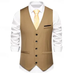 Discount OUKU Men's Vest Gilet Daily Wear Vacation Going out Vintage Fashion Spring & Fall Button Polyester Comfortable Plain Single Breasted V Neck Regular Fit Black Burgundy Dark Navy Sky Blue Vest