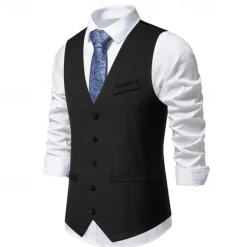 Discount OUKU Men's Vest Gilet Daily Wear Vacation Going out Vintage Fashion Spring & Fall Button Polyester Comfortable Plain Single Breasted V Neck Regular Fit Black Burgundy Dark Navy Sky Blue Vest