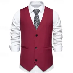 Clearance OUKU Men's Vest Gilet Daily Wear Vacation Going out Vintage Fashion Spring & Fall Button Polyester Comfortable Plain Single Breasted V Neck Regular Fit Black Burgundy Dark Navy Vest