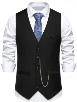 OUKU Men's Vest Gilet Daily Wear Vacation Going out Vintage Fashion Spring & Fall Button Polyester Comfortable Plain Single Breasted V Neck Regular Fit Black Burgundy Dark Navy Gray Vest