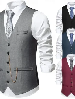 OUKU Men's Vest Gilet Daily Wear Vacation Going out Vintage Fashion Spring & Fall Button Polyester Comfortable Plain Single Breasted V Neck Regular Fit Black Burgundy Dark Navy Gray Vest