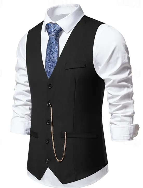 OUKU Men's Vest Gilet Daily Wear Vacation Going out Vintage Fashion Spring & Fall Button Polyester Comfortable Plain Single Breasted V Neck Regular Fit Black Burgundy Dark Navy Gray Vest