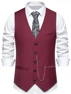 OUKU Men's Vest Gilet Daily Wear Vacation Going out Vintage Fashion Spring & Fall Button Polyester Comfortable Plain Single Breasted V Neck Regular Fit Black Burgundy Dark Navy Gray Vest