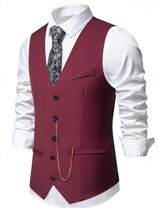 OUKU Men's Vest Gilet Daily Wear Vacation Going out Vintage Fashion Spring & Fall Button Polyester Comfortable Plain Single Breasted V Neck Regular Fit Black Burgundy Dark Navy Gray Vest