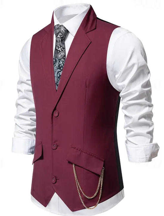 New OUKU Men's Vest Gilet Daily Wear Vacation Going out Vintage Fashion Spring & Fall Button Polyester Comfortable Plain Single Breasted Lapel Regular Fit Black Burgundy Dark Navy Vest