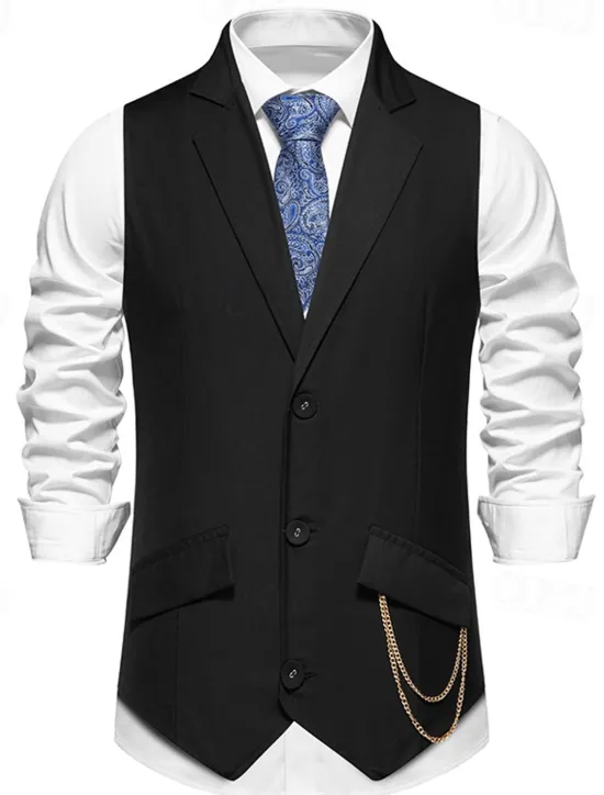 New OUKU Men's Vest Gilet Daily Wear Vacation Going out Vintage Fashion Spring & Fall Button Polyester Comfortable Plain Single Breasted Lapel Regular Fit Black Burgundy Dark Navy Vest