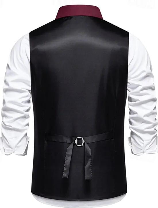 New OUKU Men's Vest Gilet Daily Wear Vacation Going out Vintage Fashion Spring & Fall Button Polyester Comfortable Plain Single Breasted Lapel Regular Fit Black Burgundy Dark Navy Vest