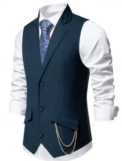 New OUKU Men's Vest Gilet Daily Wear Vacation Going out Vintage Fashion Spring & Fall Button Polyester Comfortable Plain Single Breasted Lapel Regular Fit Black Burgundy Dark Navy Vest