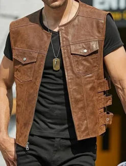 Clearance OUKU Men's Vest Gilet Daily Wear Vacation Going out Fashion Basic Spring & Fall Front Pocket Polyester PU Leather Comfortable Plain Zipper Cardigan Crew Neck Regular Fit Black Brown Vest