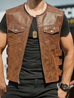 Clearance OUKU Men's Vest Gilet Daily Wear Vacation Going out Fashion Basic Spring & Fall Front Pocket Polyester PU Leather Comfortable Plain Zipper Cardigan Crew Neck Regular Fit Black Brown Vest