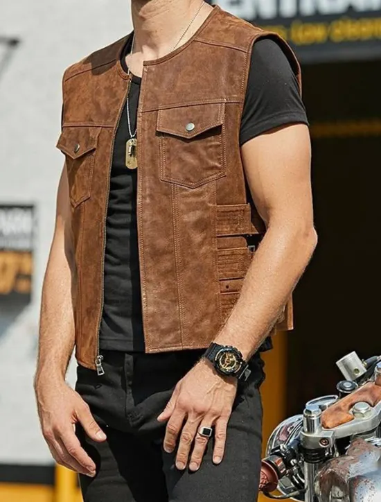 Clearance OUKU Men's Vest Gilet Daily Wear Vacation Going out Fashion Basic Spring & Fall Front Pocket Polyester PU Leather Comfortable Plain Zipper Cardigan Crew Neck Regular Fit Black Brown Vest