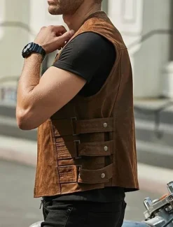 Clearance OUKU Men's Vest Gilet Daily Wear Vacation Going out Fashion Basic Spring & Fall Front Pocket Polyester PU Leather Comfortable Plain Zipper Cardigan Crew Neck Regular Fit Black Brown Vest