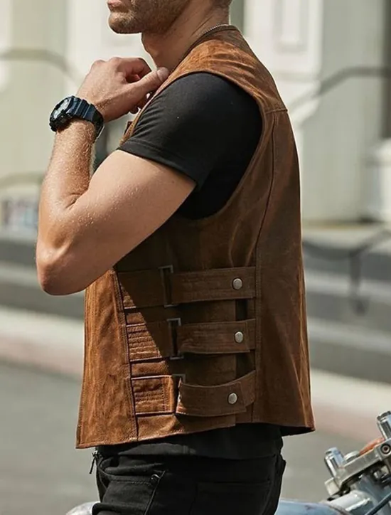 Clearance OUKU Men's Vest Gilet Daily Wear Vacation Going out Fashion Basic Spring & Fall Front Pocket Polyester PU Leather Comfortable Plain Zipper Cardigan Crew Neck Regular Fit Black Brown Vest