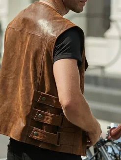 Clearance OUKU Men's Vest Gilet Daily Wear Vacation Going out Fashion Basic Spring & Fall Front Pocket Polyester PU Leather Comfortable Plain Zipper Cardigan Crew Neck Regular Fit Black Brown Vest
