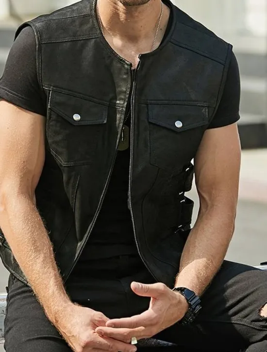 Clearance OUKU Men's Vest Gilet Daily Wear Vacation Going out Fashion Basic Spring & Fall Front Pocket Polyester PU Leather Comfortable Plain Zipper Cardigan Crew Neck Regular Fit Black Brown Vest