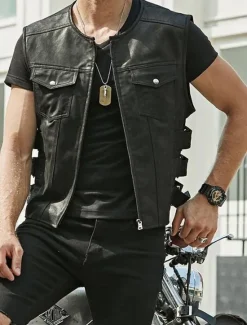 Clearance OUKU Men's Vest Gilet Daily Wear Vacation Going out Fashion Basic Spring & Fall Front Pocket Polyester PU Leather Comfortable Plain Zipper Cardigan Crew Neck Regular Fit Black Brown Vest