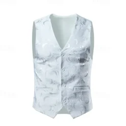Sale OUKU Men's Vest Gilet Daily Wear Going out Festival Business Basic Spring & Fall Pocket Linen Breathable Soft Comfortable Printed Single Breasted V Neck Regular Fit White / White Black Vest