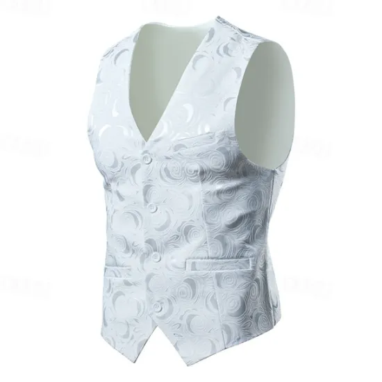 Sale OUKU Men's Vest Gilet Daily Wear Going out Festival Business Basic Spring & Fall Pocket Linen Breathable Soft Comfortable Printed Single Breasted V Neck Regular Fit White / White Black Vest