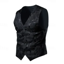 Sale OUKU Men's Vest Gilet Daily Wear Going out Festival Business Basic Spring & Fall Pocket Linen Breathable Soft Comfortable Printed Single Breasted V Neck Regular Fit White / White Black Vest