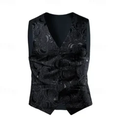 Sale OUKU Men's Vest Gilet Daily Wear Going out Festival Business Basic Spring & Fall Pocket Linen Breathable Soft Comfortable Printed Single Breasted V Neck Regular Fit White / White Black Vest