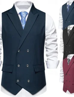 Outlet OUKU Men's Vest Gilet Daily Wear Vacation Going out Vintage Fashion Spring & Fall Button Polyester Comfortable Plain Double Breasted Lapel Regular Fit Black Burgundy Dark Navy Vest