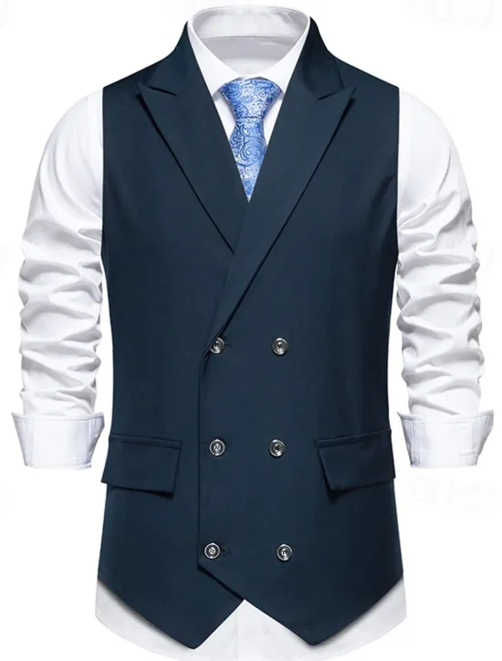 Outlet OUKU Men's Vest Gilet Daily Wear Vacation Going out Vintage Fashion Spring & Fall Button Polyester Comfortable Plain Double Breasted Lapel Regular Fit Black Burgundy Dark Navy Vest