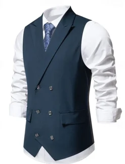 Outlet OUKU Men's Vest Gilet Daily Wear Vacation Going out Vintage Fashion Spring & Fall Button Polyester Comfortable Plain Double Breasted Lapel Regular Fit Black Burgundy Dark Navy Vest