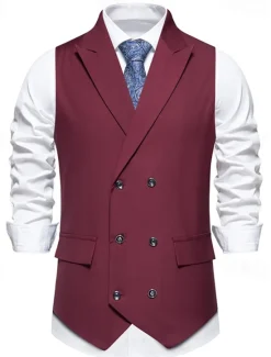 Outlet OUKU Men's Vest Gilet Daily Wear Vacation Going out Vintage Fashion Spring & Fall Button Polyester Comfortable Plain Double Breasted Lapel Regular Fit Black Burgundy Dark Navy Vest