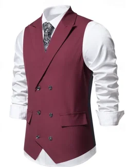 Outlet OUKU Men's Vest Gilet Daily Wear Vacation Going out Vintage Fashion Spring & Fall Button Polyester Comfortable Plain Double Breasted Lapel Regular Fit Black Burgundy Dark Navy Vest