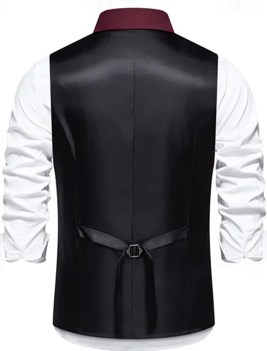 Outlet OUKU Men's Vest Gilet Daily Wear Vacation Going out Vintage Fashion Spring & Fall Button Polyester Comfortable Plain Double Breasted Lapel Regular Fit Black Burgundy Dark Navy Vest