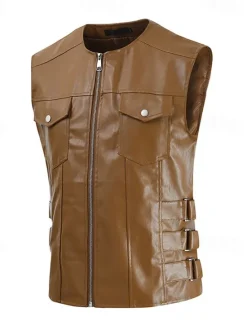 Hot OUKU Men's Vest Gilet Faux Leather Vest Outdoor Daily Fashion Casual Spring Fall Zip Up Pocket PU Leather Comfortable Plain Zipper Crew Neck Regular Fit Black Brown Vest