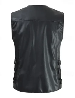 Hot OUKU Men's Vest Gilet Faux Leather Vest Outdoor Daily Fashion Casual Spring Fall Zip Up Pocket PU Leather Comfortable Plain Zipper Crew Neck Regular Fit Black Brown Vest